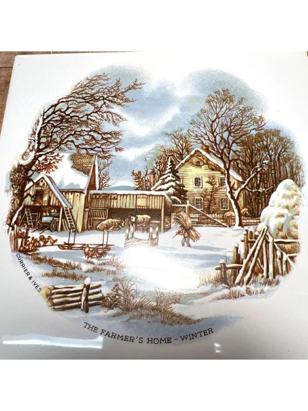 VTG Currier & Ives Winter Scene Ceramic Tile Set Of 4 Decorative Art Tiles 6